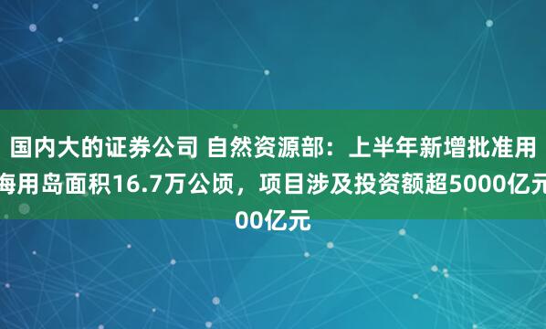 国内大的证券公司 自然资源部：上半年新增批准用海用岛面积16.7万公顷，项目涉及投资额超5000亿元